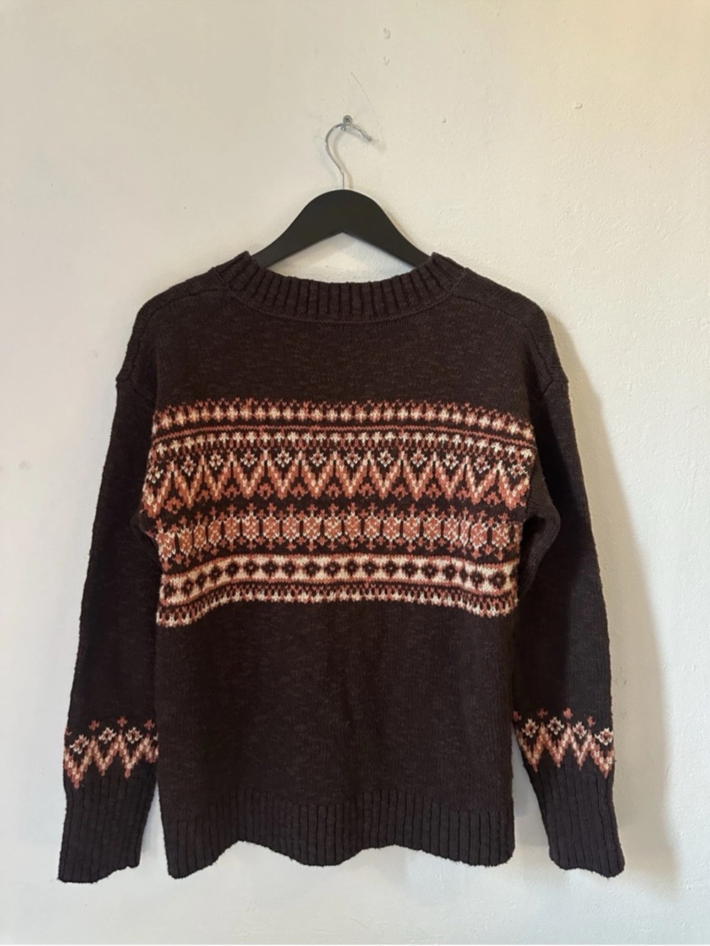 LL Bean Sweater Womens M Brown Fair Isle Knit Cotton Crewneck - Picture 2 of 3